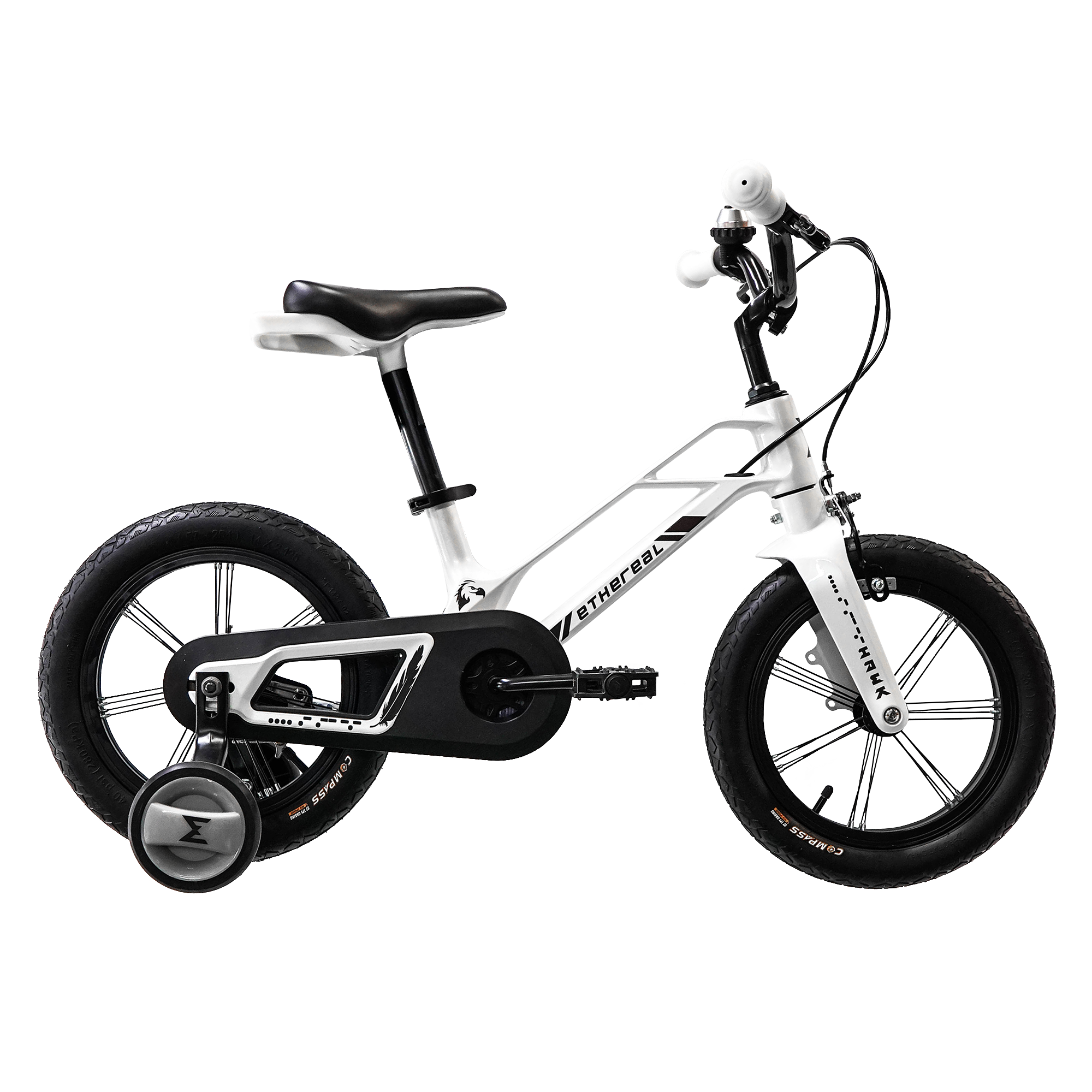 Ethereal Hawk Kids Bike in vibrant blue with lightweight magnesium frame and child-friendly low standover height, perfect for young riders.